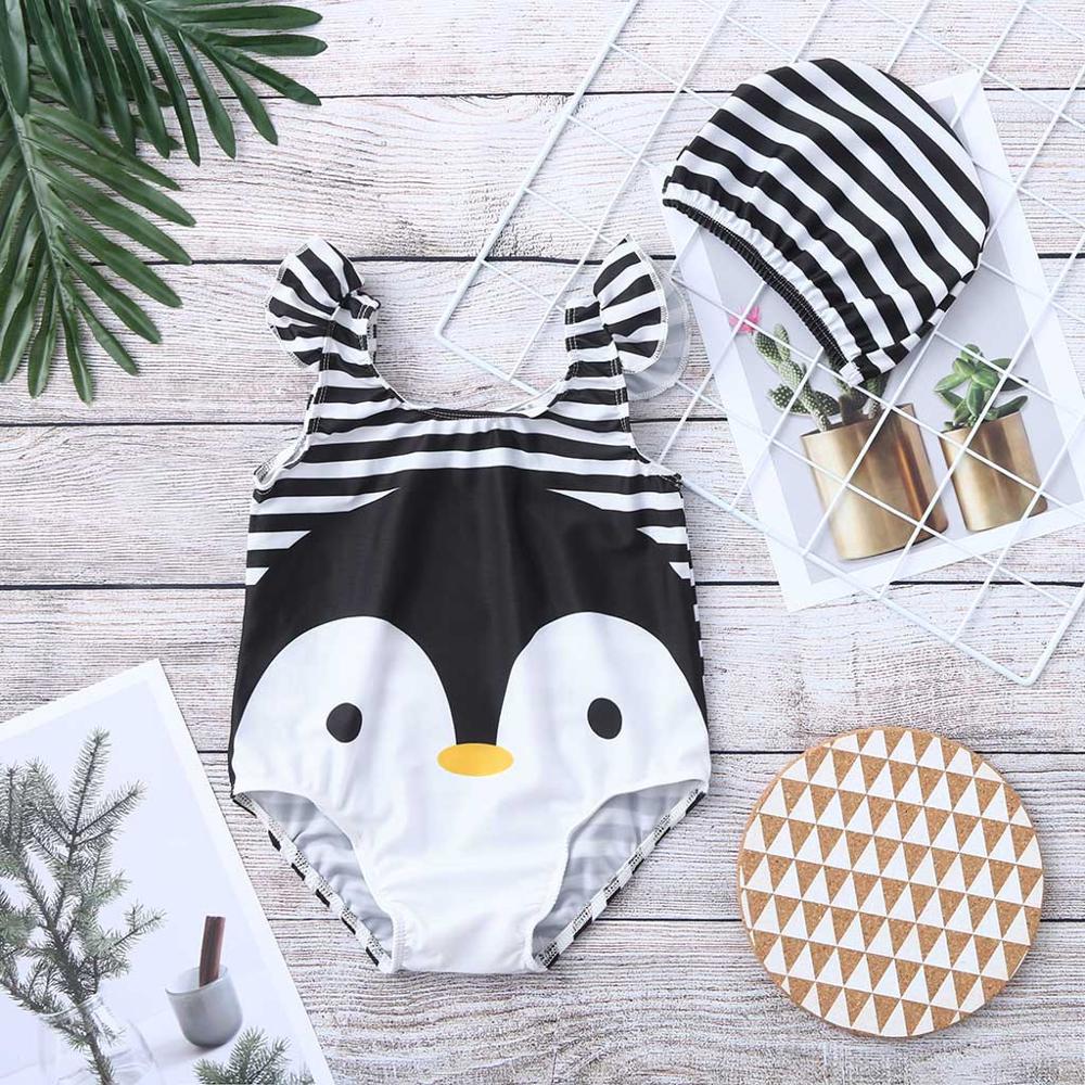 Peuter Baby Kids Meisjes Cartoon Streep Badmode Baby Leuke Badpak Beach Wear Zwemmen Romper Kleding Met Hoed Outfit