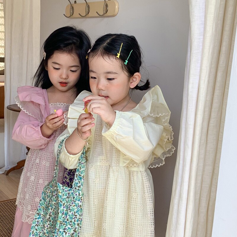 1195D 2022 Spring Korean Girls Dresses Long Sleeve Lace Vest and Flare Sleeve Dresses Princess Birthday Party Girls Clothes