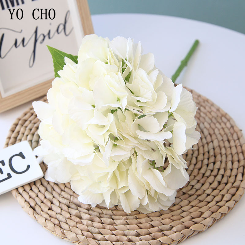 YO CHO-Flor de hortensia Artificial, rama única, Hortensia de seda, ramo de novia, decoración de en casa, planificador de flores de boda: white