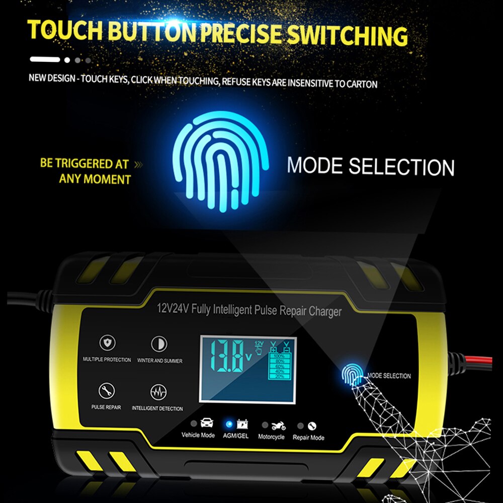 12V 24V Pulse Repairing Charger with LCD Display Motorcycle &amp; Car Battery Charger AGM GEL WET Lead Acid Battery Charger
