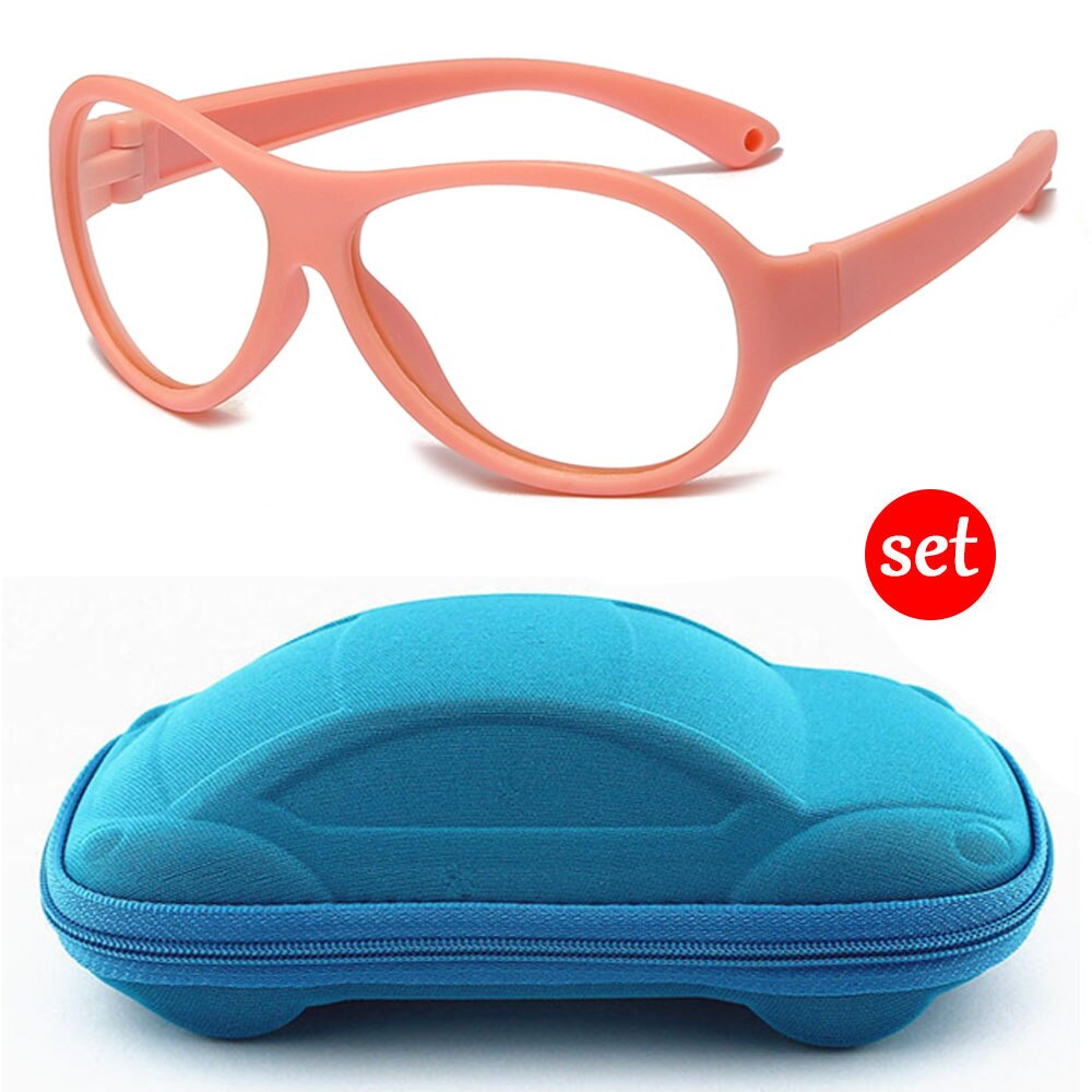 Longkeeper anti blåt lys børnebriller med bilformet brilleetui børn fleksibelt optisk stel eyeware dreng pige briller: Pink-blå kasse