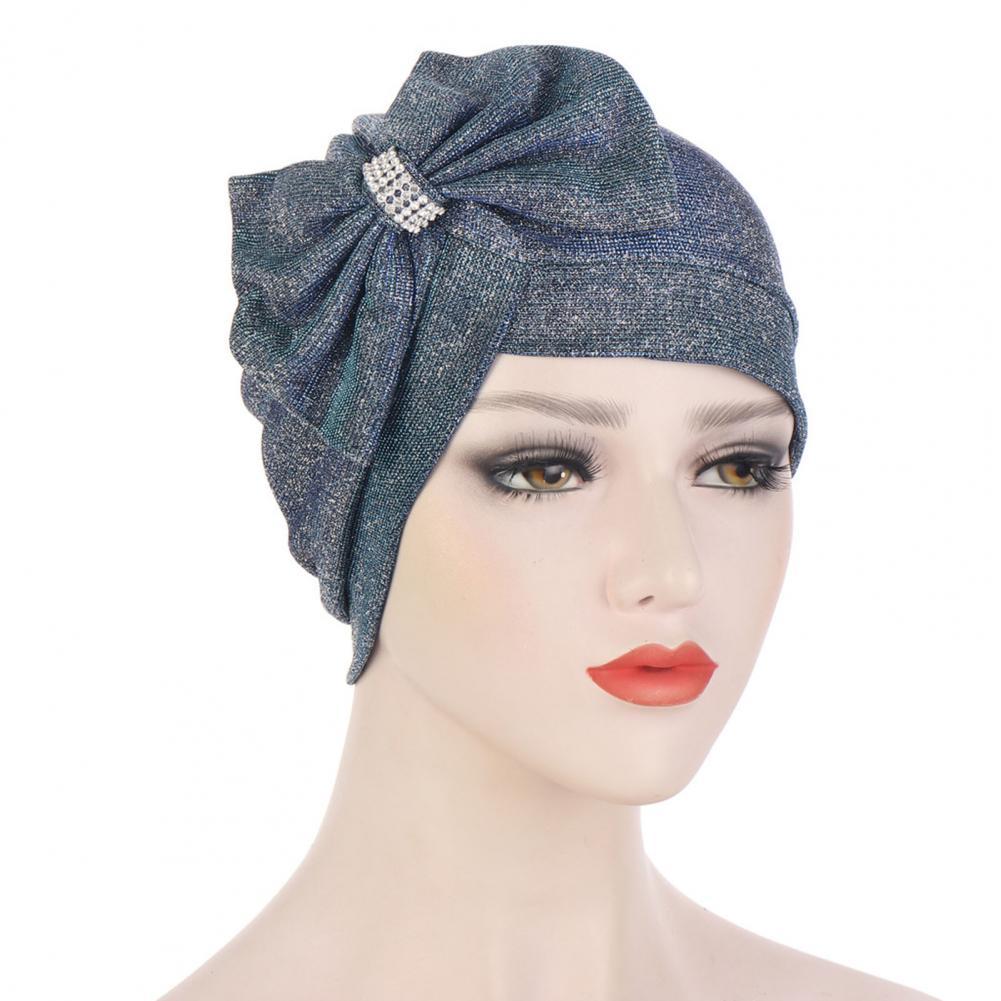 Tulband Cap Effen Kleur Vrouwelijke Glitter Warme Boog-Knoop Beanie Hoed Beanie Headwrap Voor Wassen Gezicht: Marineblauw