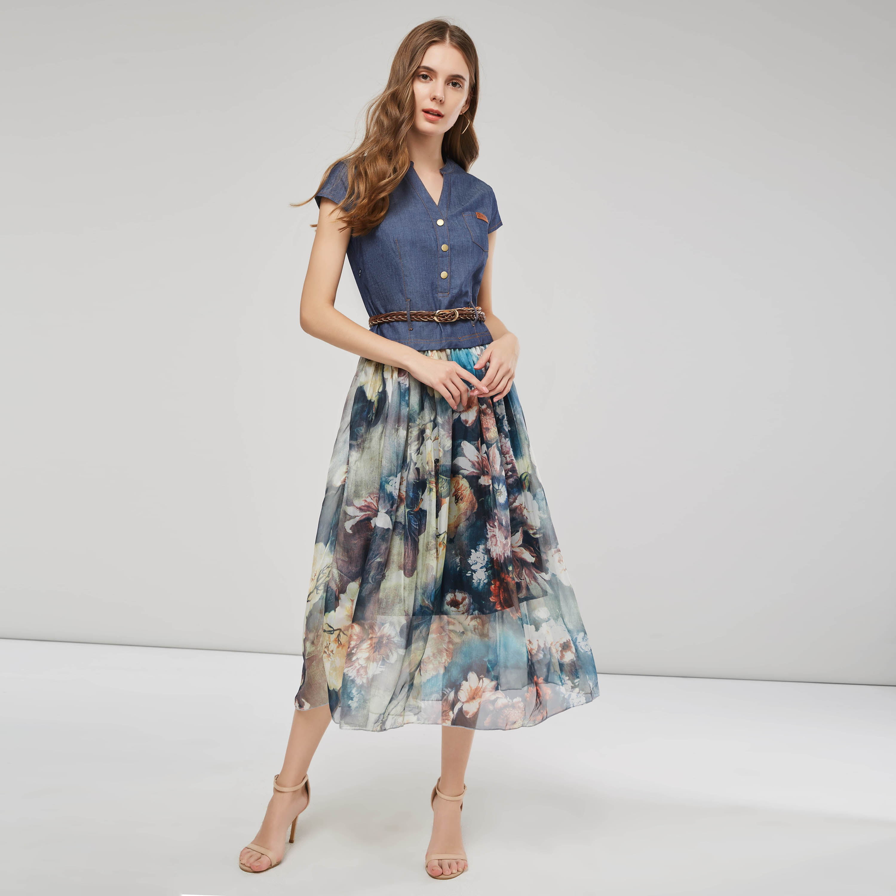 Kvinder afslappet kjole denim chiffon patchwork blomsterprint kortærmet v-hals bohemia a-line kvindelige maxi kjoler