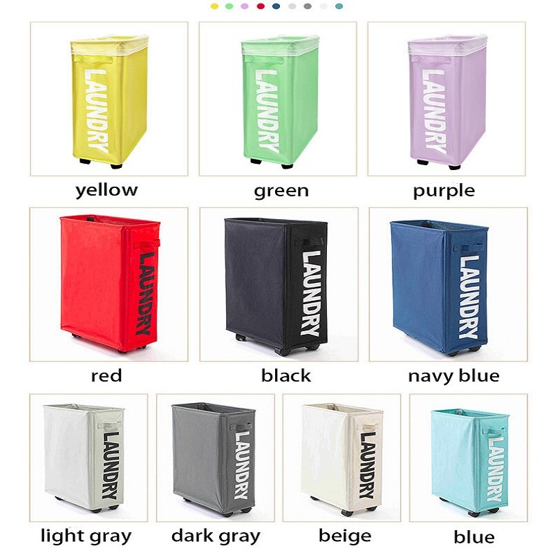 Slim Laundry Basket with Handle on Wheels Black Gray Beige Foldable Corner Storage Bins Waterproof Rolling Dirty Clothes Hamper