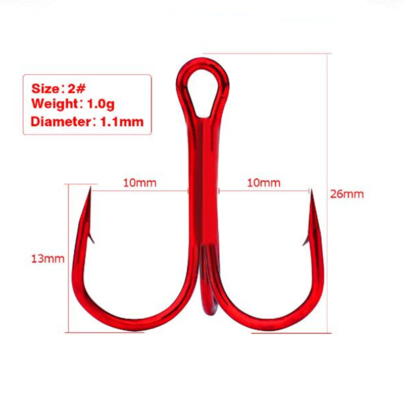 10 Stks/partij Rood Drie Vishaak High Carbon Staal Treble Vernietigd Haken Visgerei Ronde Bocht Treble Voor Bass