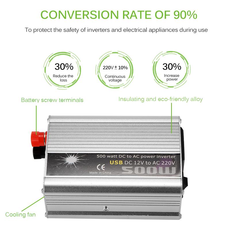 Onever 500W Car Inverter 12v 220v 50Hz Auto Inverter 12 220 Cigarette Lighter Plug Power Converter Inverter Peak Power 1000W