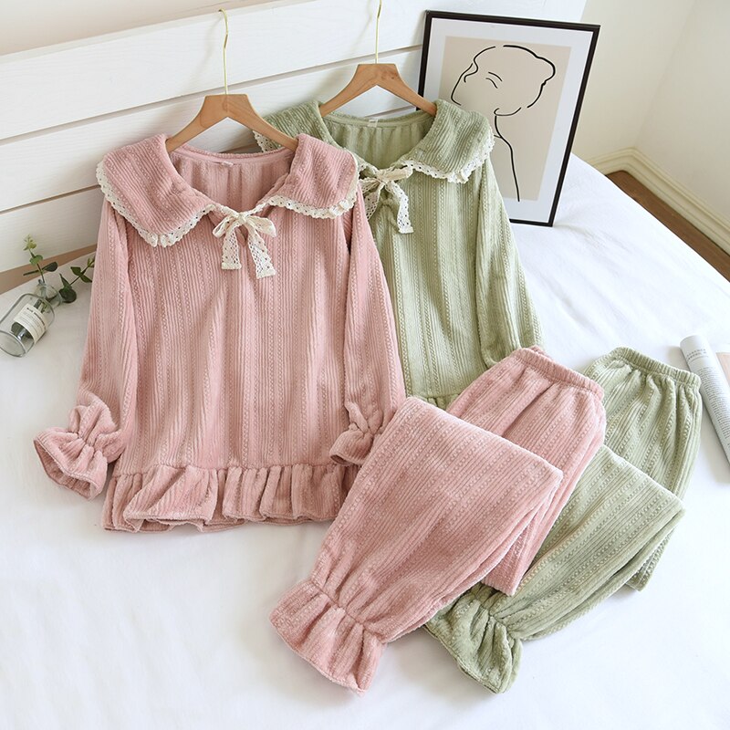 Pijamas gruesas de franela para mujer, ropa de dormir de invierno, Pijama de salón, traje de manga larga, conjunto de ropa de casa
