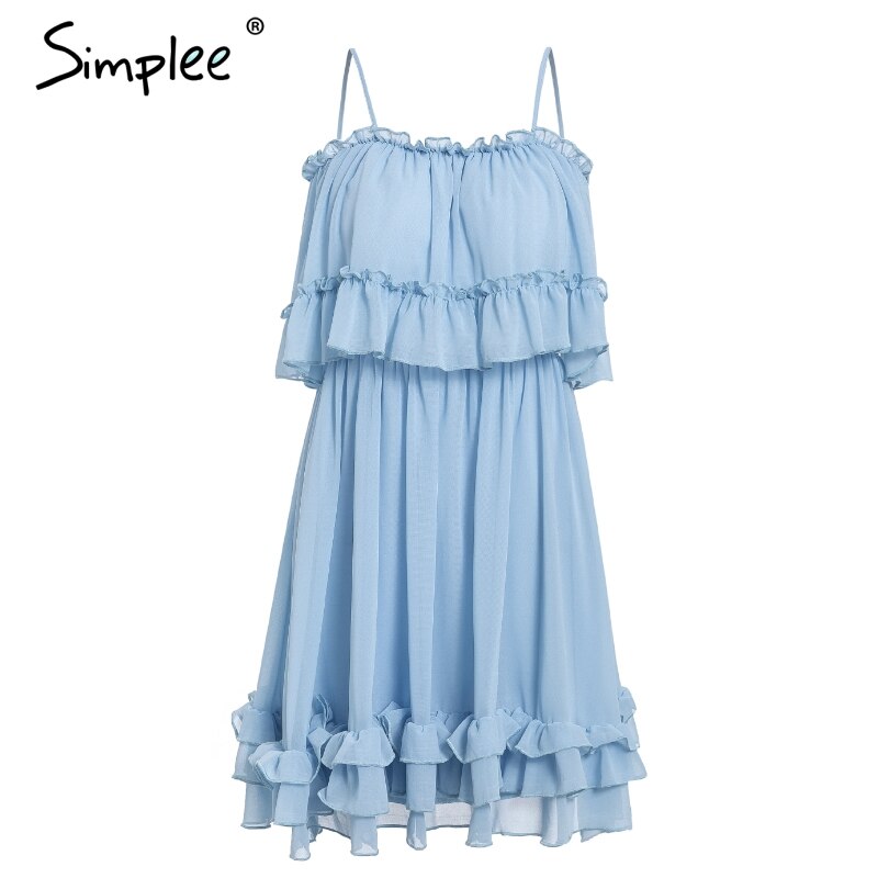 Simplee off shoulder kvinder kjole flæserrem chiffon sommer kjoler afslappet kvindelig blå kort vestidos: Blå / S