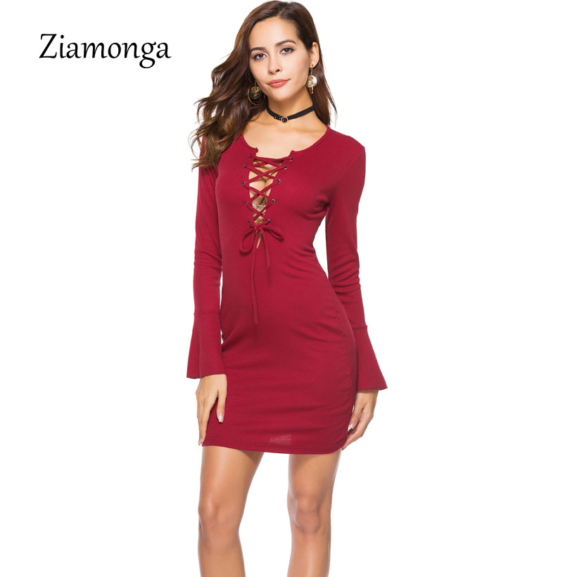 Ziamonga Lace Up Gebreide Trui Vrouwen Jurk Skinny Pull Knit Bodycon Winter Jurk Herfst Jumper Vintage Trui