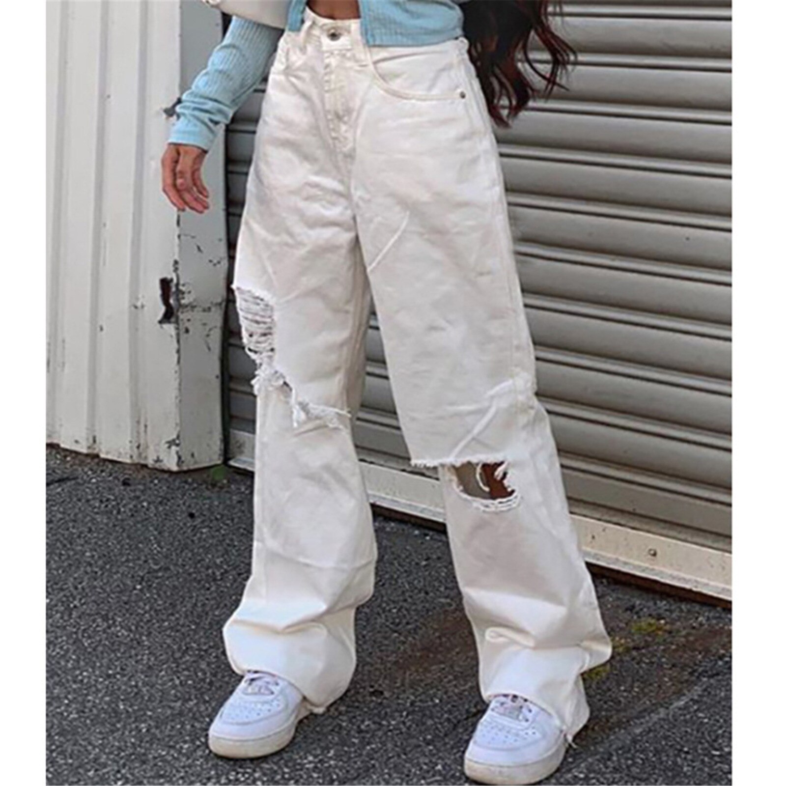 Taille mi copain ample détruit femme classique trou Baggy jean blanc femme Vintage pantalon jean large: XXL