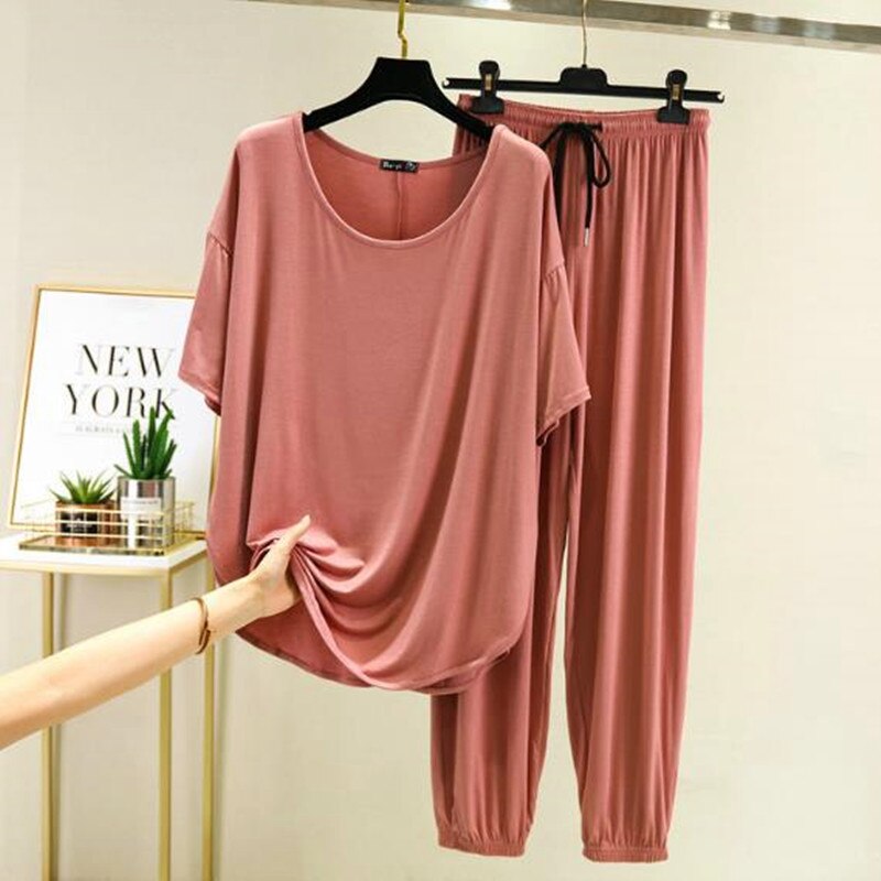 Pyjama ample grande taille pour femmes, vêtements de maison, ensemble deux pièces en coton, manches courtes, pantalon,