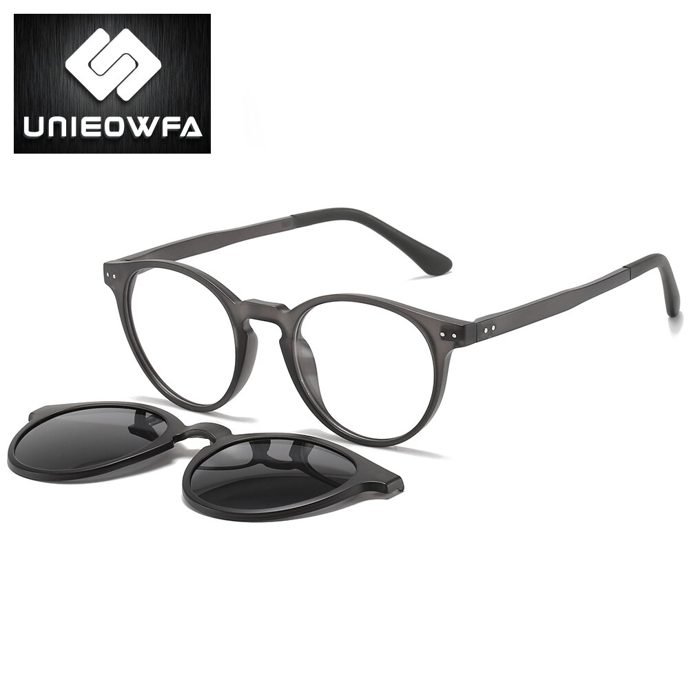 Polarized Magnet Clip On Glasses Frame Women Round Retro Prescription Frame Eyeglasses Men Optical Myopia Frame Blue Sunglasses: C2 Gray Frame