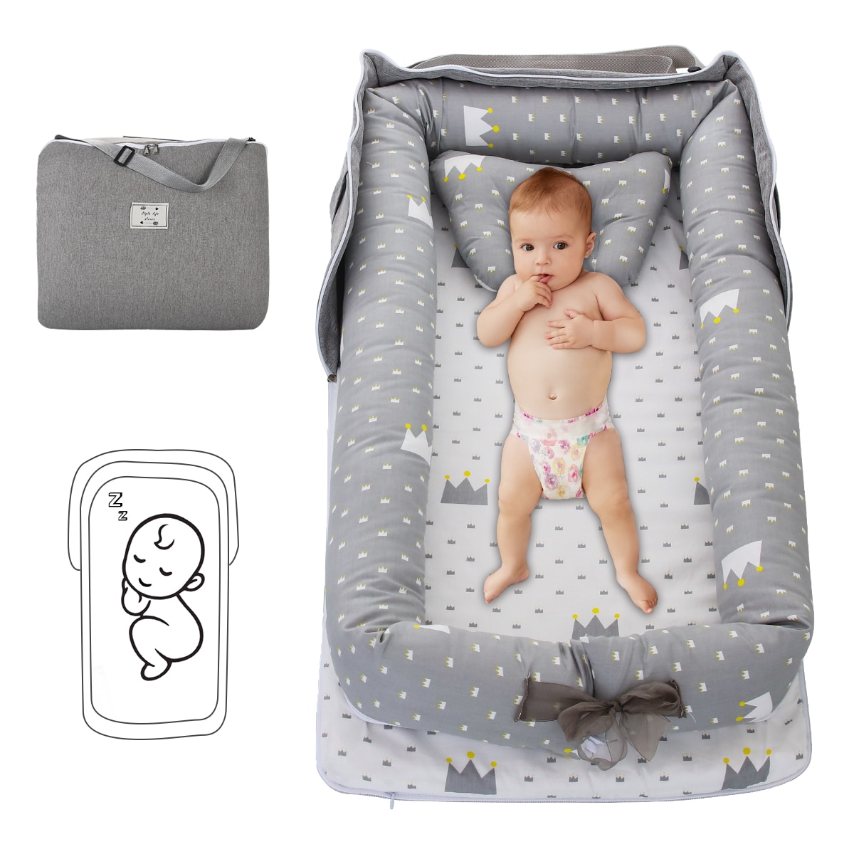 Baby liggestol sammenfoldelig bærbar babynest seng til drenge piger rejseseng spædbarn bomuld vugge vugge baby nyfødt seng rejse soveværelse: Grå