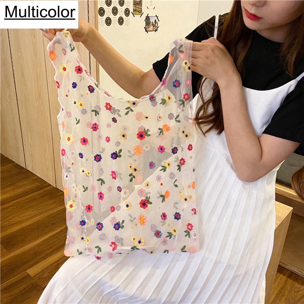 Handmade Flower Embroidery Hand Bag Casual Tote Mesh Shoulder Bag Lady Travel Shopping Bags Woman Handbags: Multicolor