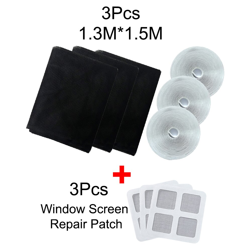 Window Screen Mosquito Net Curtain Fly Mosquito Window Net Mesh Indoor Insect Fly Screen Curtain Mesh Bug Net with Tape: 3PCS 1.3Mx1.5M Black
