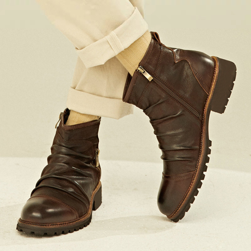 Yomior New Fashion Vintage brytyjskie męskie skórzane buty na co dzień okrągłe Toe Zip botki wiosna jesień strój biznesowy chelsea Boots