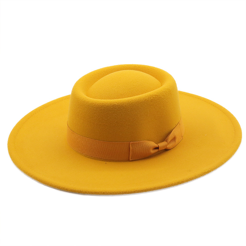 Vrouwen Herfst Winter Hoeden Solid Panama Brede Rand Boog-Knoop Vilten Hoeden Mannen Caps Formele Britse Vintage Klassieke Zwart fedora Hoeden: yellow