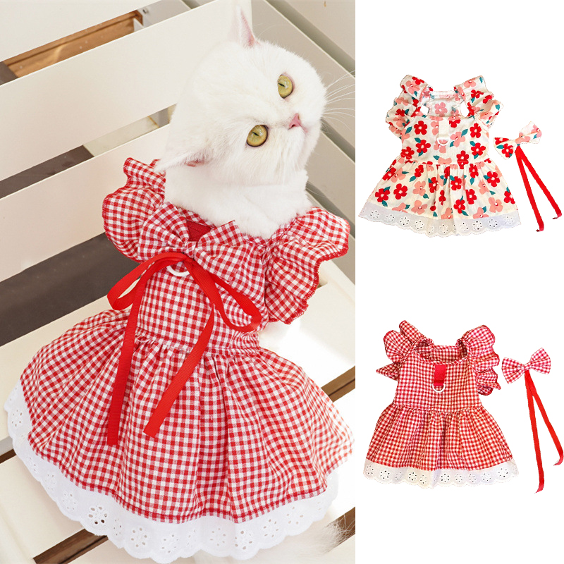 Vestido de verano para mascotas, faldas a cuadros con estampado Floral, vestidos de princesa para gatos, faldas dulces para Chihuahua Yorkie, disfraz para cachorros y perros, suministros para mascotas