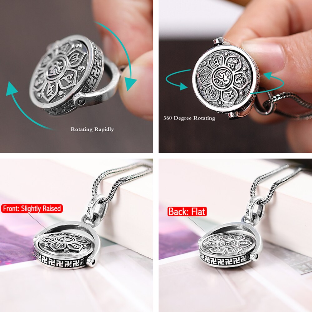 Balmora 925 Sterling Zilveren Boeddhisme Spinner Roterende Charm Hangers &amp; Ketting Voor Mannen Vrouwen Mode Zes Words&#39; Sutra Sieraden