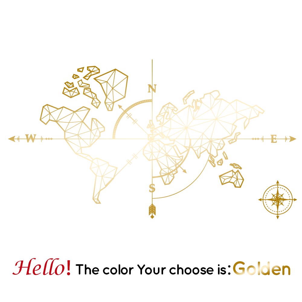 Large World Mape Compass Wall Decal Travel Adventure Exploration Global Earth Vinyl Wall Sticker Office Classroom Kids Room: Gold