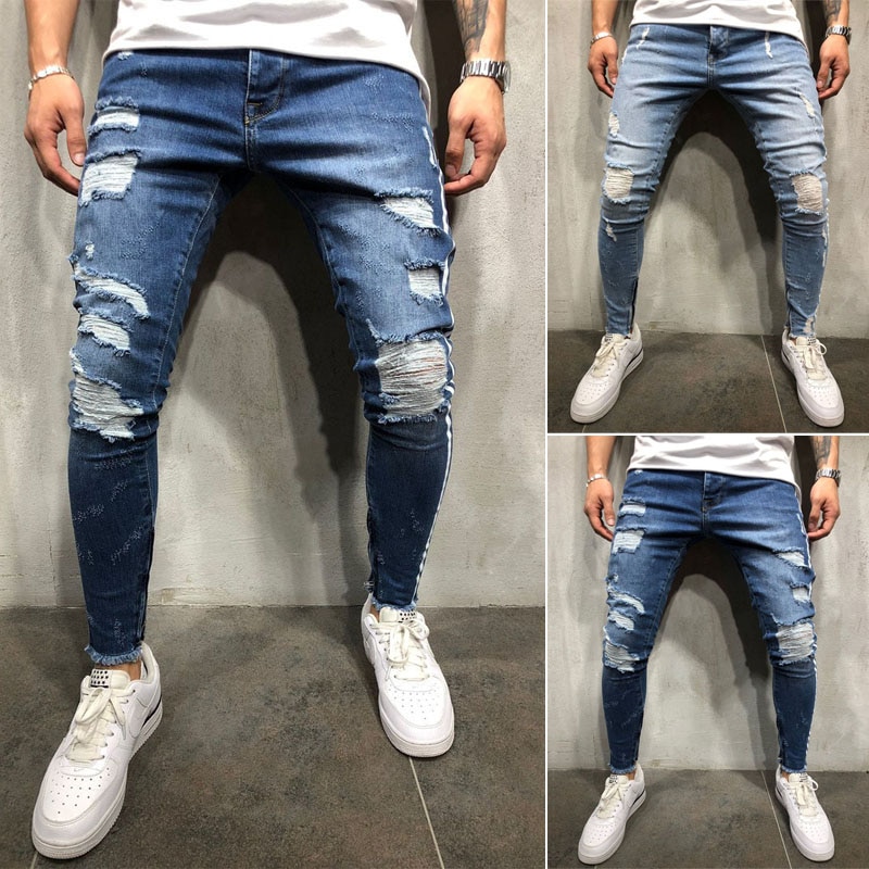Men Stretchy Ripped Skinny Destroyed Jeans Taped Patch Slim Denim Blue Jean Pants Side Strip Slim Fitn Korean Men Ripped Jeans