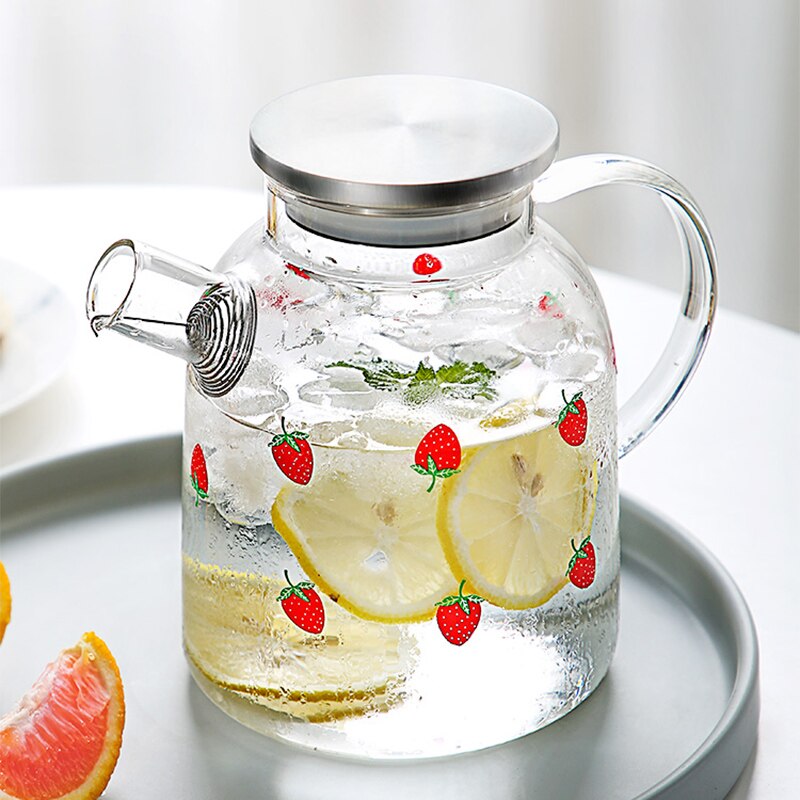 Water Jug Glass Water Pitcher Strawberry My Water Pots With Handle for Boiling Cold Drinkware Glass Pitcher 1000ML 1800ML