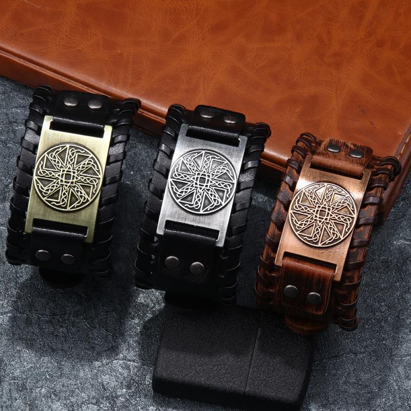 Toten Nordic Viking Odin Ierse Knot Bangle Voor Man Hand Geweven Brede Lederen Armband Verstelbare Armband Punk Sieraden