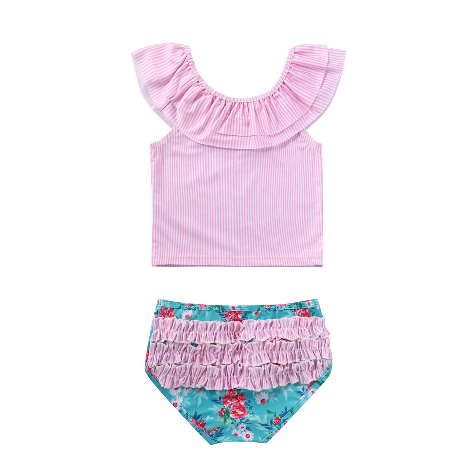 Kids Swimsuits Girl's Bathing Suit Striped Tankini Set Ruffle Tank Top Floral Print Bikini Bottom 2Pcs Swimwear for Little Girl