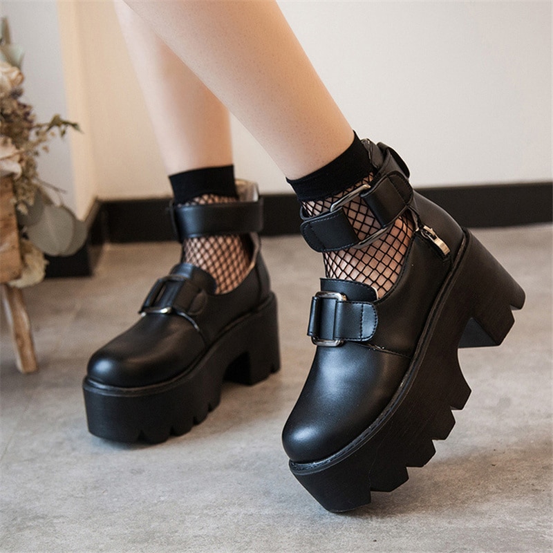 Læder platform sko kvinder forår efterår sorte damer lejligheder sko kvinde harajuku store sko