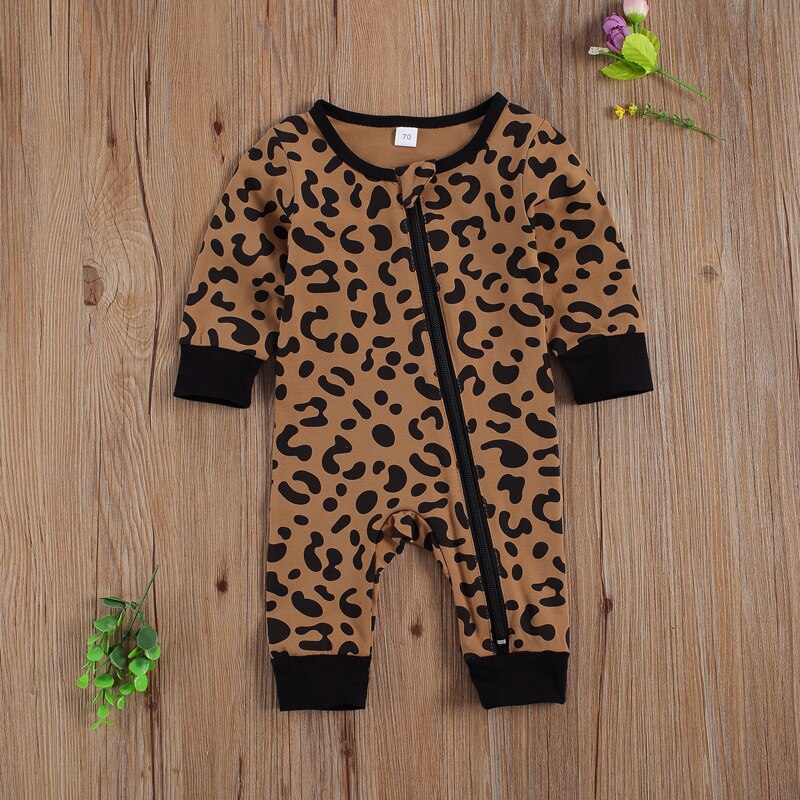 Wallarenear 0-18M Pasgeboren Peuter Baby Boy Jumpsuit Camouflage Luipaard Print O-hals Lange Mouwen Diagonale Rits Romper