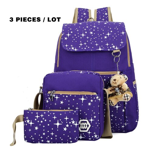 3 stk / sæt kvinder rygsæk skoletasker stjerne udskrivning søde rygsække med bjørn til teenagere piger rejsetaske rygsække mochila: Lilla