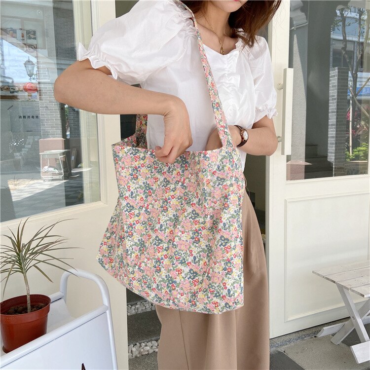 Mode Bloemen Dames Tote Handtassen Katoenen Doek Vrouwen Bloem Schouder Messenger Bags Eenvoudige Herbruikbare Meisjes Grote Boodschappentas