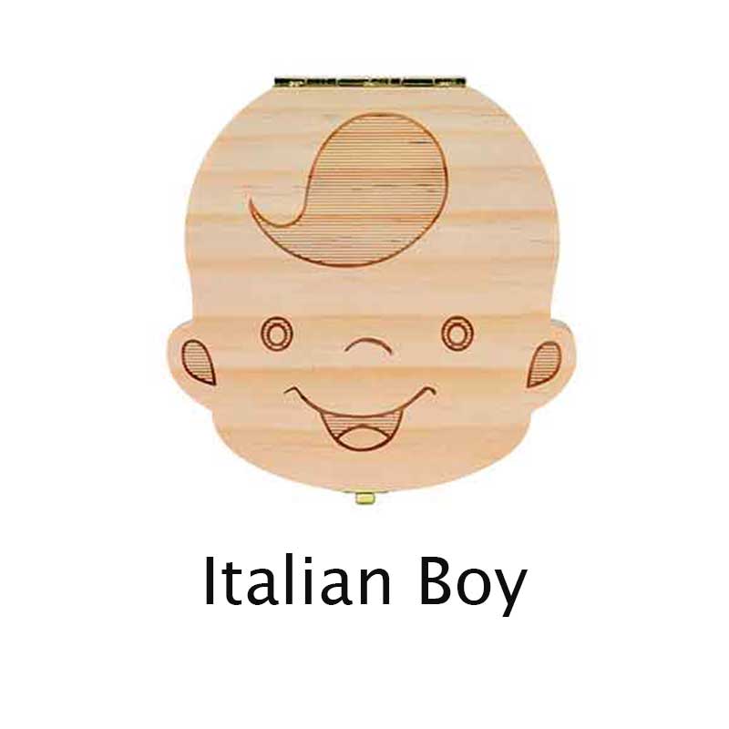 Tandendoosje spaans/engels/frans/russisch houten tandendoos organizer bewaar melktanden houten opslag tanden verzamelen: Italiaanse jongen
