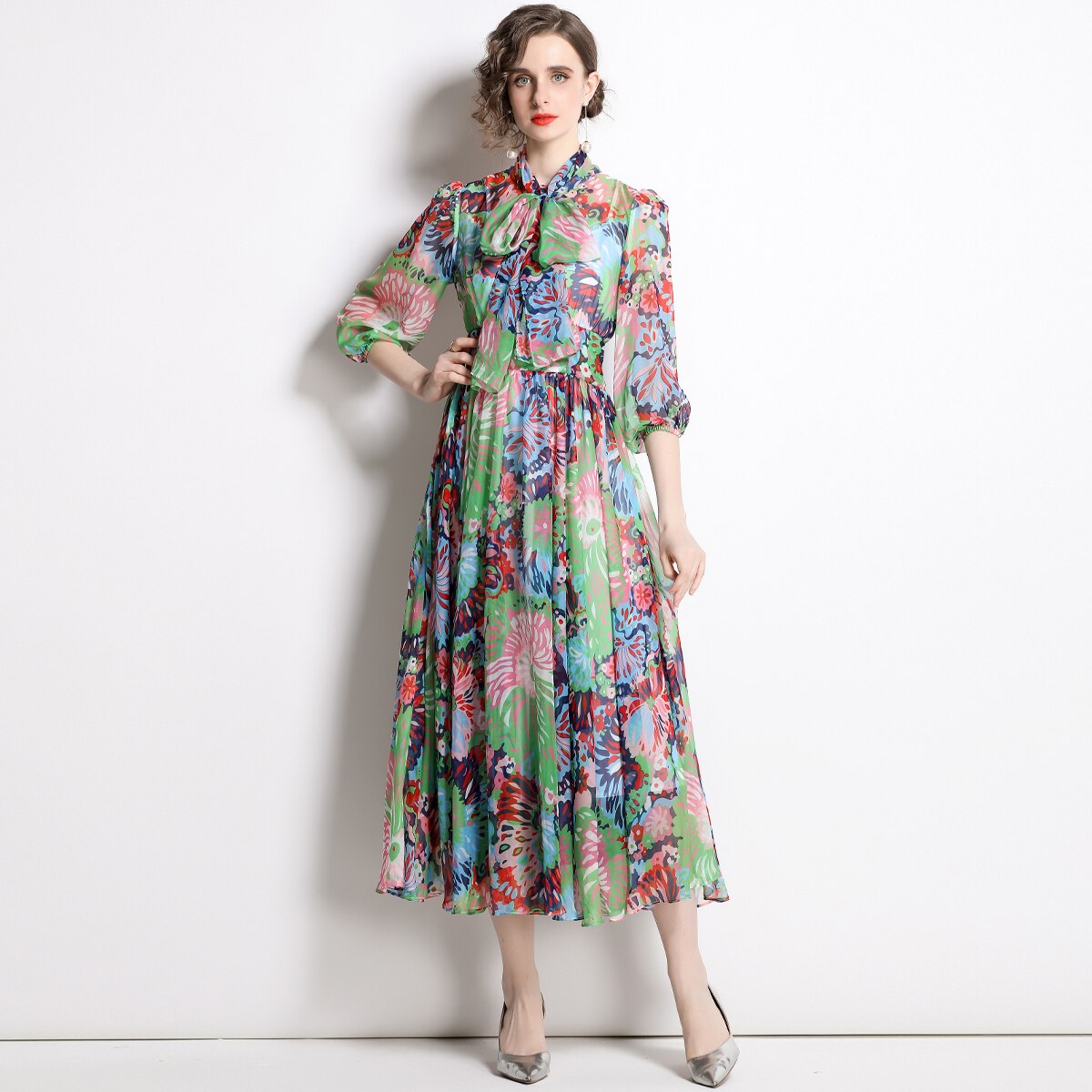Vestido largo de gasa con estampado floral para mujer, traje bohemio de media manga con cuello de lazo, para vacaciones y verano, 2022