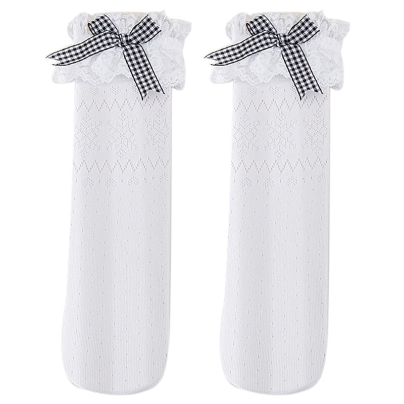 Calzini traspiranti in pizzo Lolita per bambini calzini per bambini Bowknot calzini a tubo centrale primavera estate autunno calza calda ginocchio alto: White