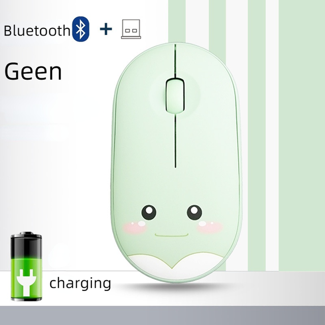 M106 wireless mouse cute cartoon mute 1200DPI Bluetooth wireless mouse USB charging 2.4G mouse suitable for office laptop: bluetooth green