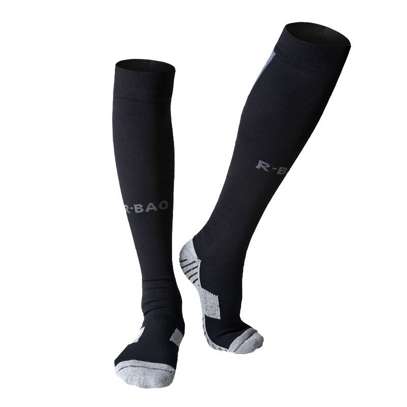 R-bao bomuld mænd 8 farver et par lange fodboldsokker skridsikker sport fodbold ankelben skinnebensbeskyttelse kompressionsbeskytter sokker: Sort