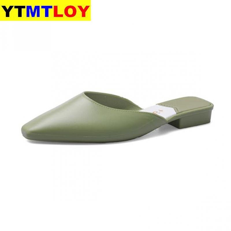 Sommarlägenheter mulor dam sandaler skärp slip on spetsig tå kvinnor utomhus skor kvinnor låga klackar ledig platt med dam sandaler: Grön / 36
