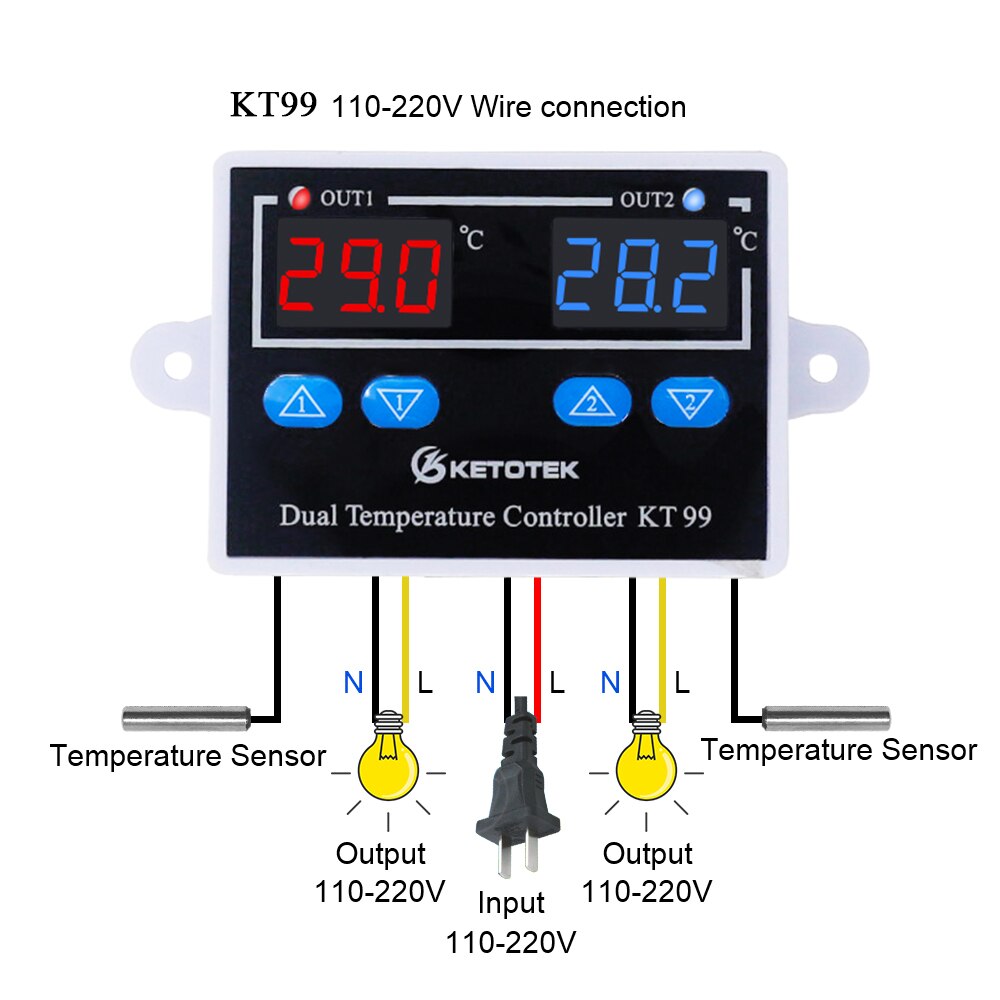 KT1000 Digital Temperature Controller 10A C/F 12V 24V 220V Two Relay Incubator Temperature Thermostat With Heater And Cooler: KT99   110-220V