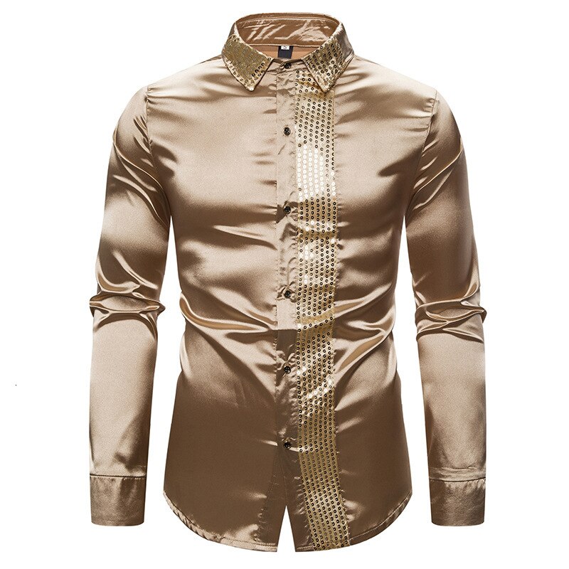 Herre silke satin skinnende skjorter mandlig slim fit langærmet pailletter patchwork fest natklub bryllup skjorte s -2xl