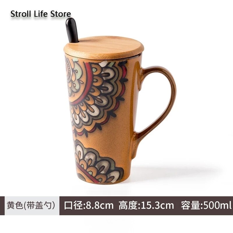 Ceramic Coffee Mug Retro Large-capacity Office Southeast Asia Water Cup Cups and Mugs with Lid Spoon Birthday CM25