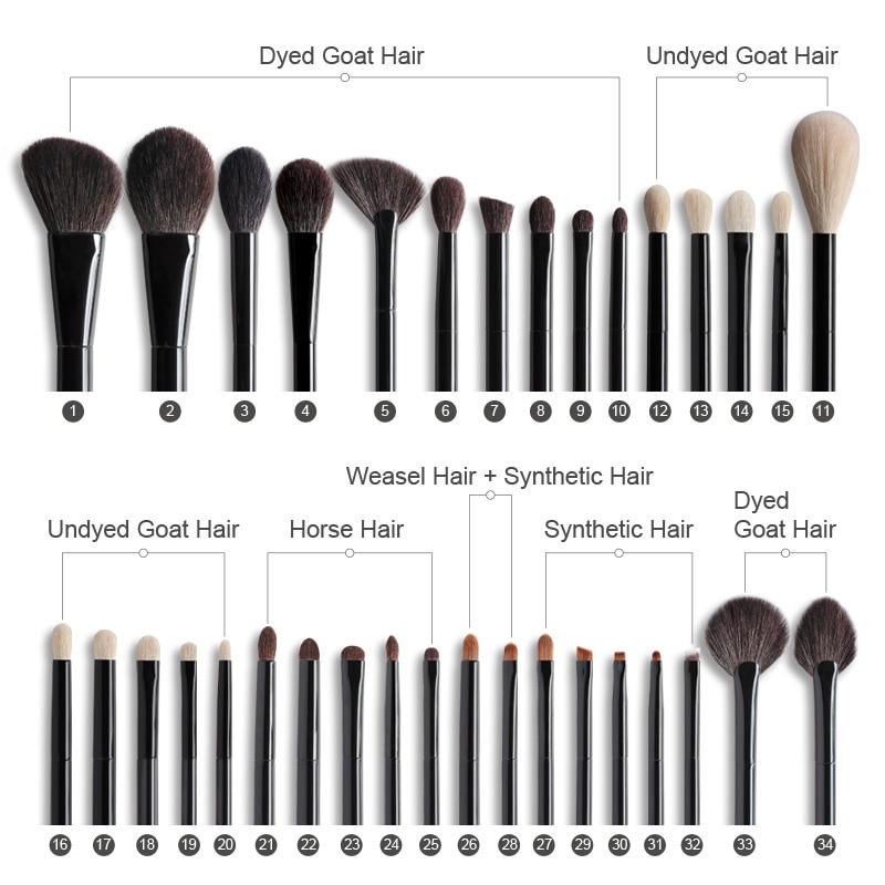 OVW Natural Goat Hair Face Cosmetic Kit Eye Makeup Brushes Set Black Wood Handle pinceaux maquillage poils naturel