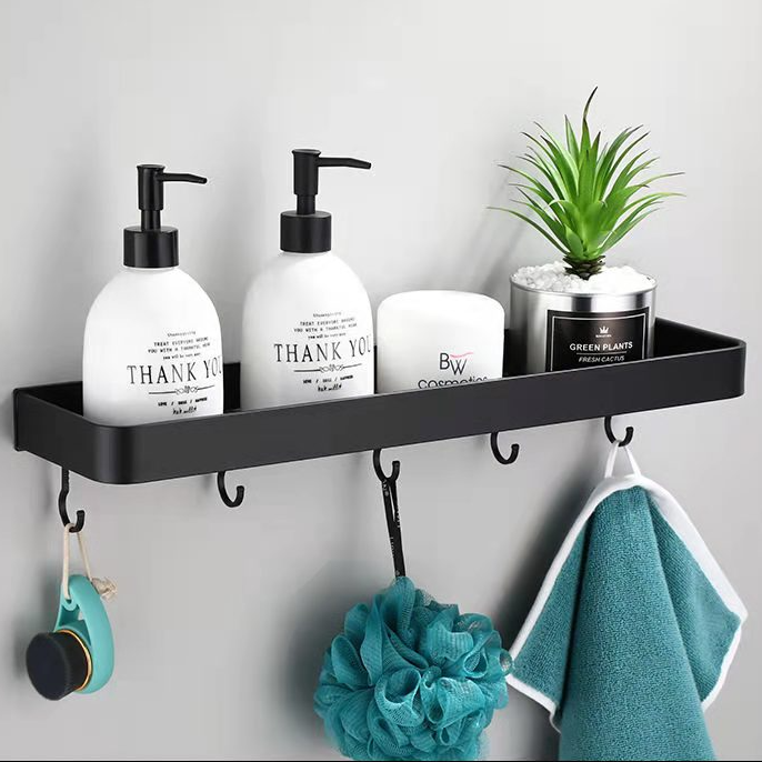 Towel Shower Storage Rack Black Corner Shelves Wall Shelf Aluminum Shampoo Holder No Drill Kitchen Bathroom Shelf Organizer: 40 cm  5 hooks
