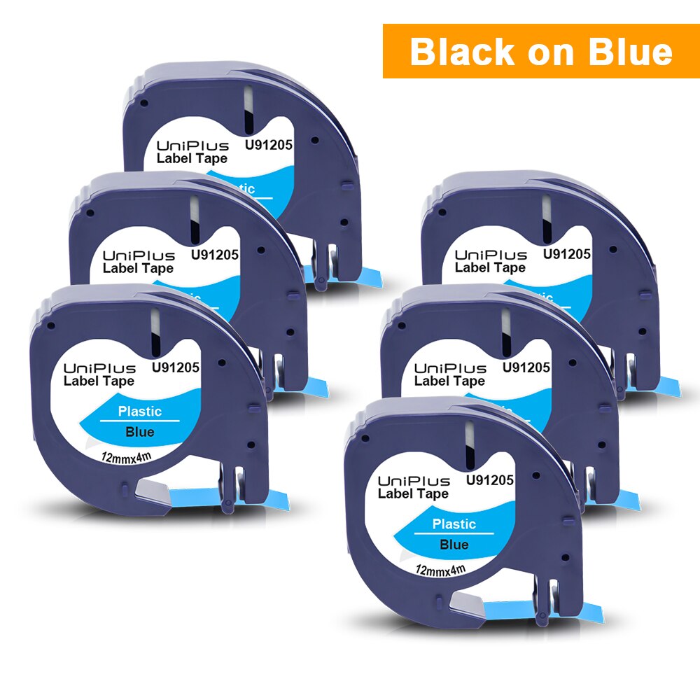 Uniplus 6pk 12267 91201 91202 91203 91204 91205 label tape fit dymo letratag label maker 12mm plastfarvesæt til dymo lt -100: 91205 sort på blå