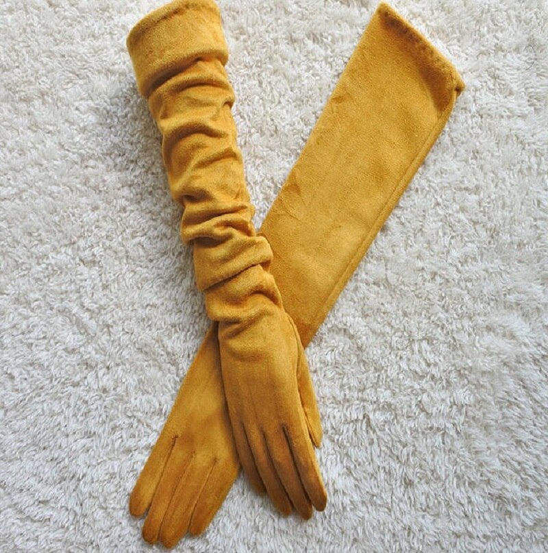 Touch Screen Gloves Warm Full Finger Gloves Winter Ladies Gloves Suede Long 50CM Arm Suede Touch Screen Thick Gloves: Yellow