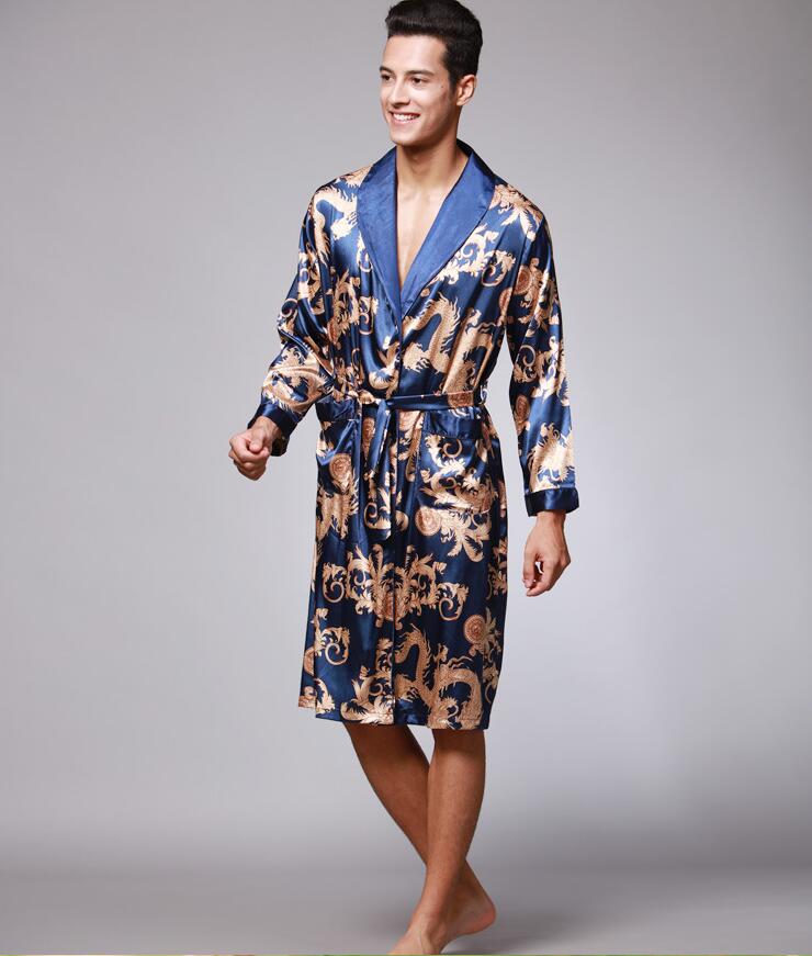 YT- 027 Spring Autumn Luxury Bathrobe Mens Print Plus Size Satin Pajamas Silk Nightgown: Blue