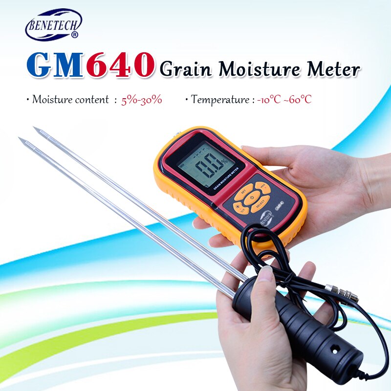 100% Original BENETECH GM640 Food Moisture Meter with Probe needle Corn Wheat RiceTemperature Humidity Tester Monitor