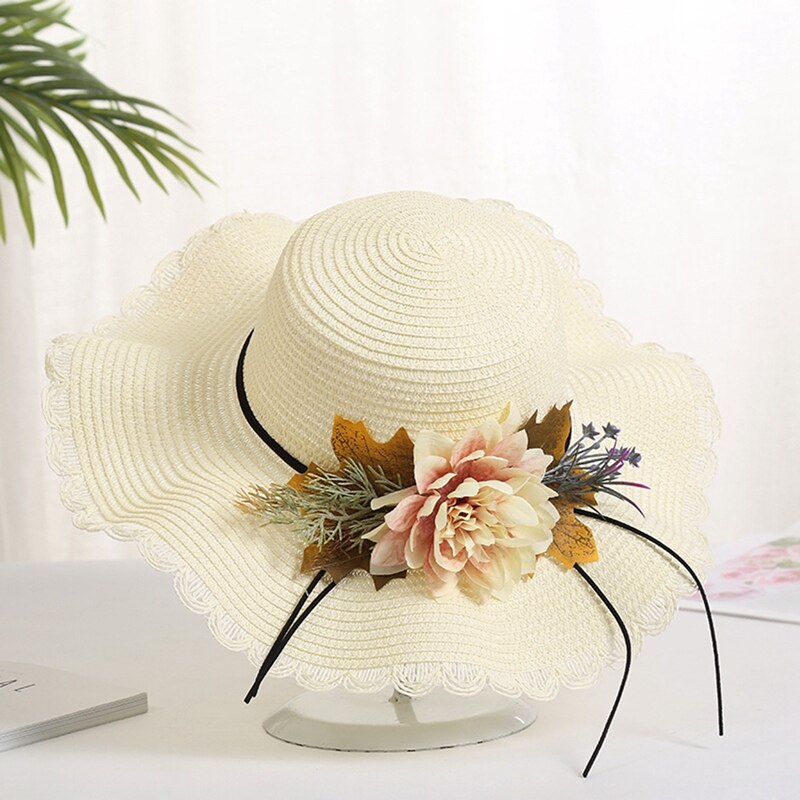 Summer Female Sun Hat Flower Ribbon Panama Beach Hats For Women Sombrero Floppy Straw Hat: HT7097WT