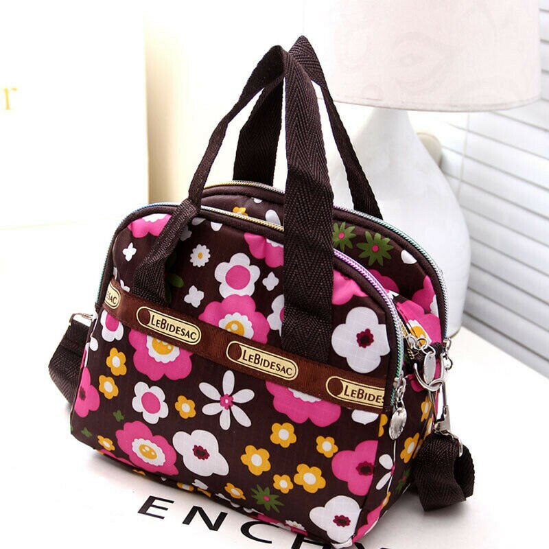 Women Girls Bag Waterproof Nylon Zipper Shoulder Bag Travel Tote Purse Shopping Bags: Pink Flower
