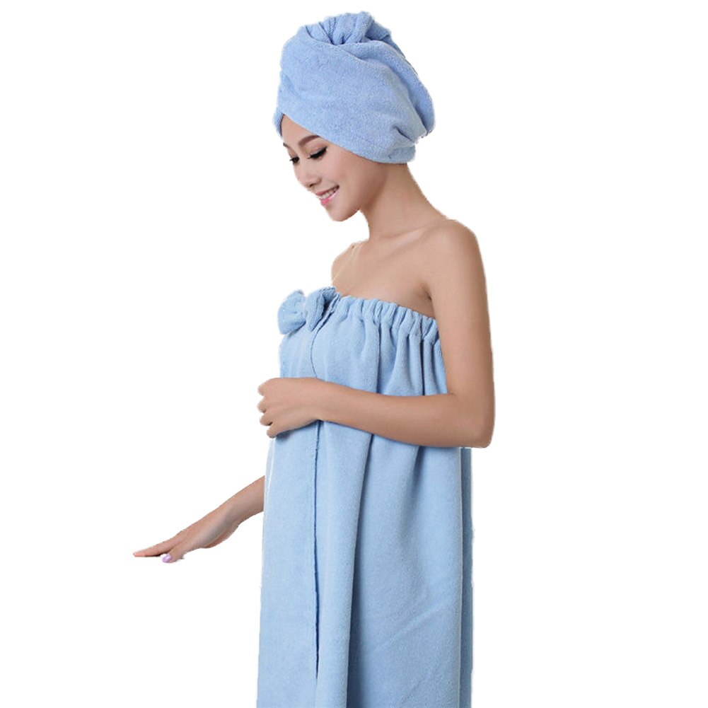 1Set Badstof Badjas Badkamer Zachte Polyester Magic Absorberende Handdoek Strand Handdoeken Voor Vrouwen Sneldrogende Badhanddoek: Blauw